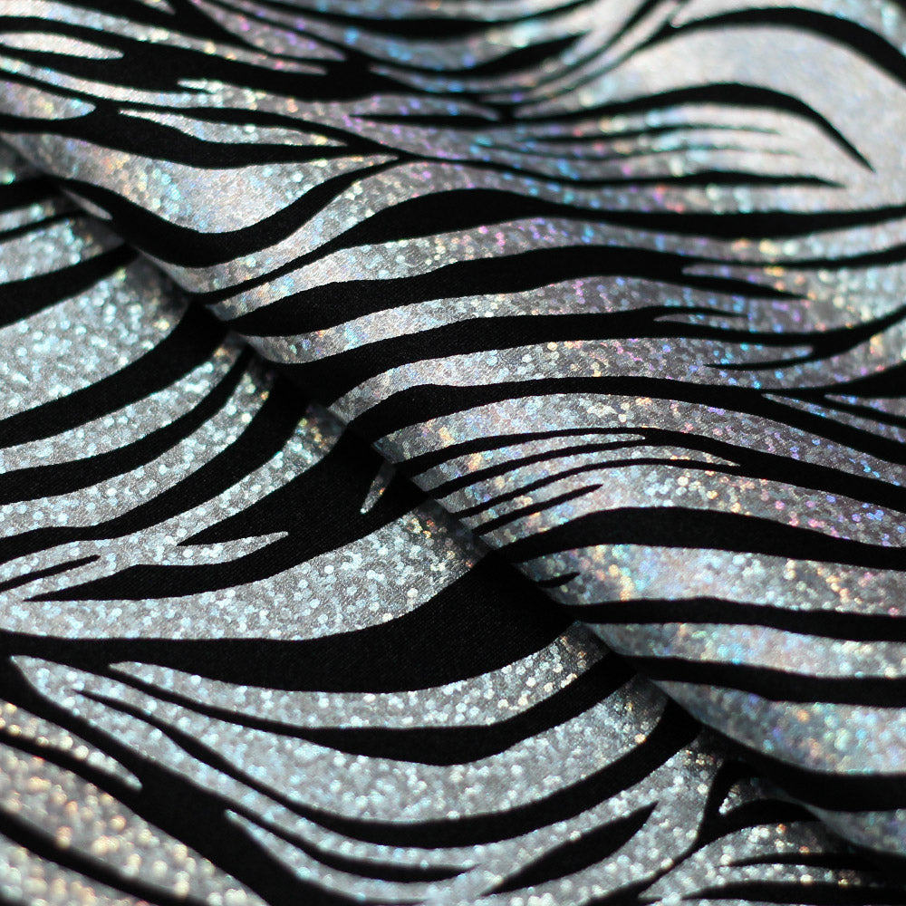 Roxy Zebra Nylon Spandex Fabric - Sparkly Hologram Zebra Print, Fuchsia, Green, Red, Silver, Gold On Black, 58-60" Width (1 Yard)