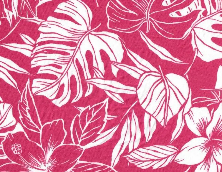 1 Yard Fuchsia Tropical Leaf DTY Knit Fabric Soft Stretch 58 Inches Wide