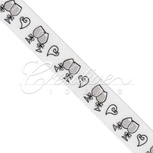 5/8" Satin With Printed Champagne Glasses Ribbon - 10 Yards (White)