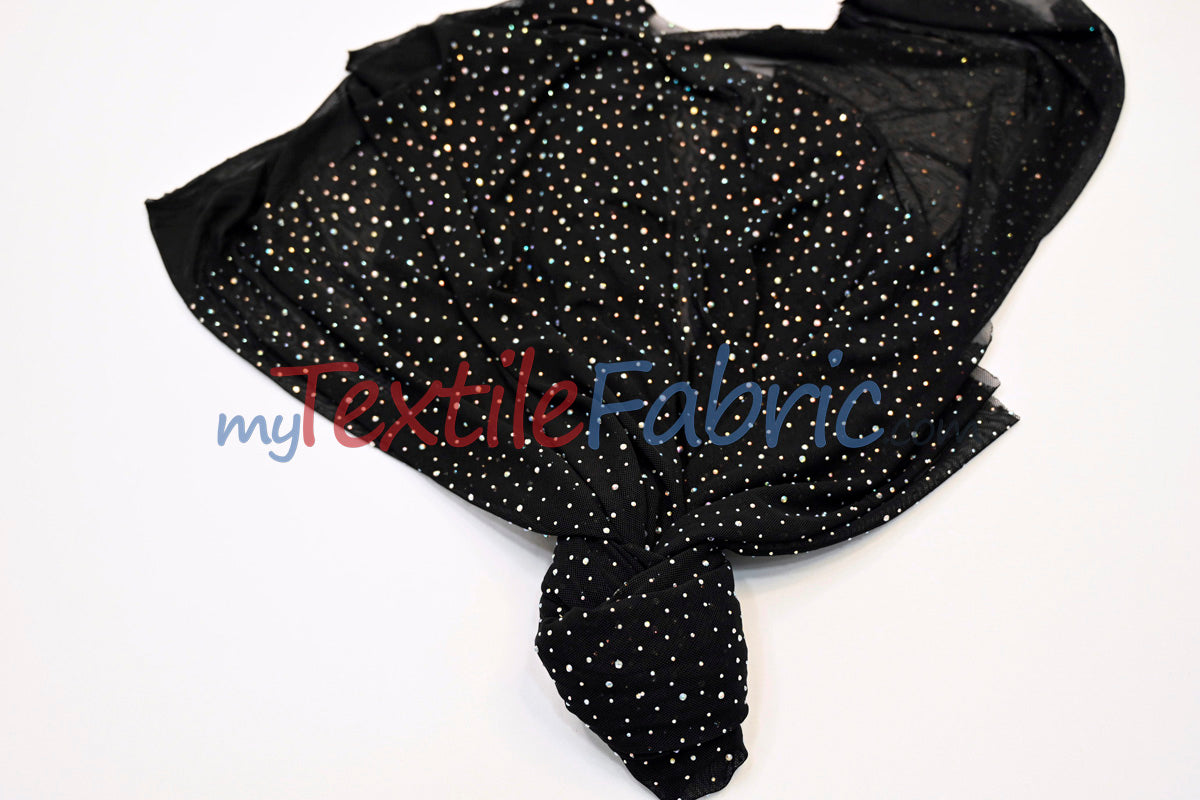Rhinestone Stretch Power Mesh Fabric - Iridescent AB Crystal Embellished, 58" Width (1 Yard)