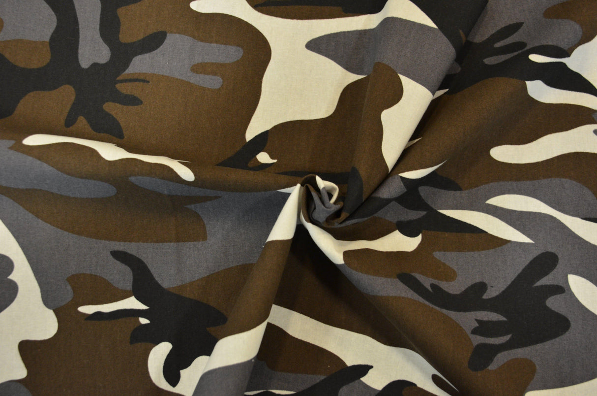 Grey Camouflage 100 Percent Cotton Fabric - Grey Brown Black Ivory Camouflage Print, 58/60" Width (1 Yard)