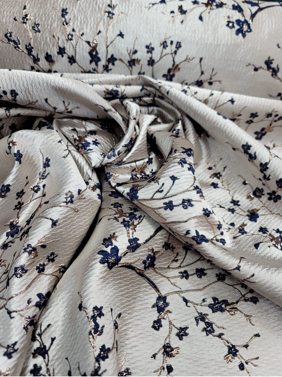 Brocade Jacquard Navy Blue Metallic Rose Gold Floral