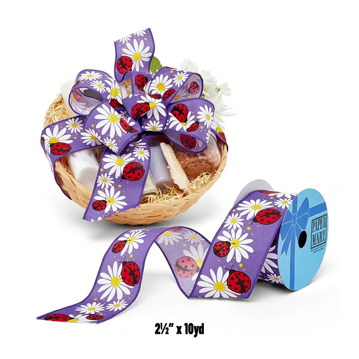 Flowers Printed Wired Ribbon 2.5" x 10 yd Ladybugs & Posies on Purple