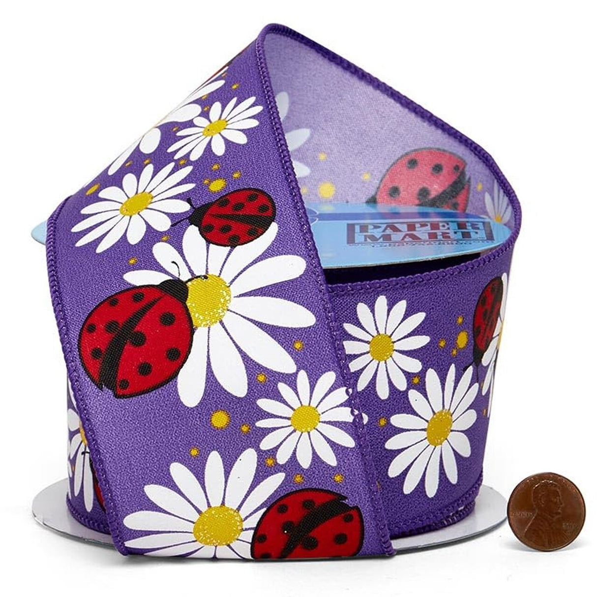 Flowers Printed Wired Ribbon 2.5" x 10 yd Ladybugs & Posies on Purple