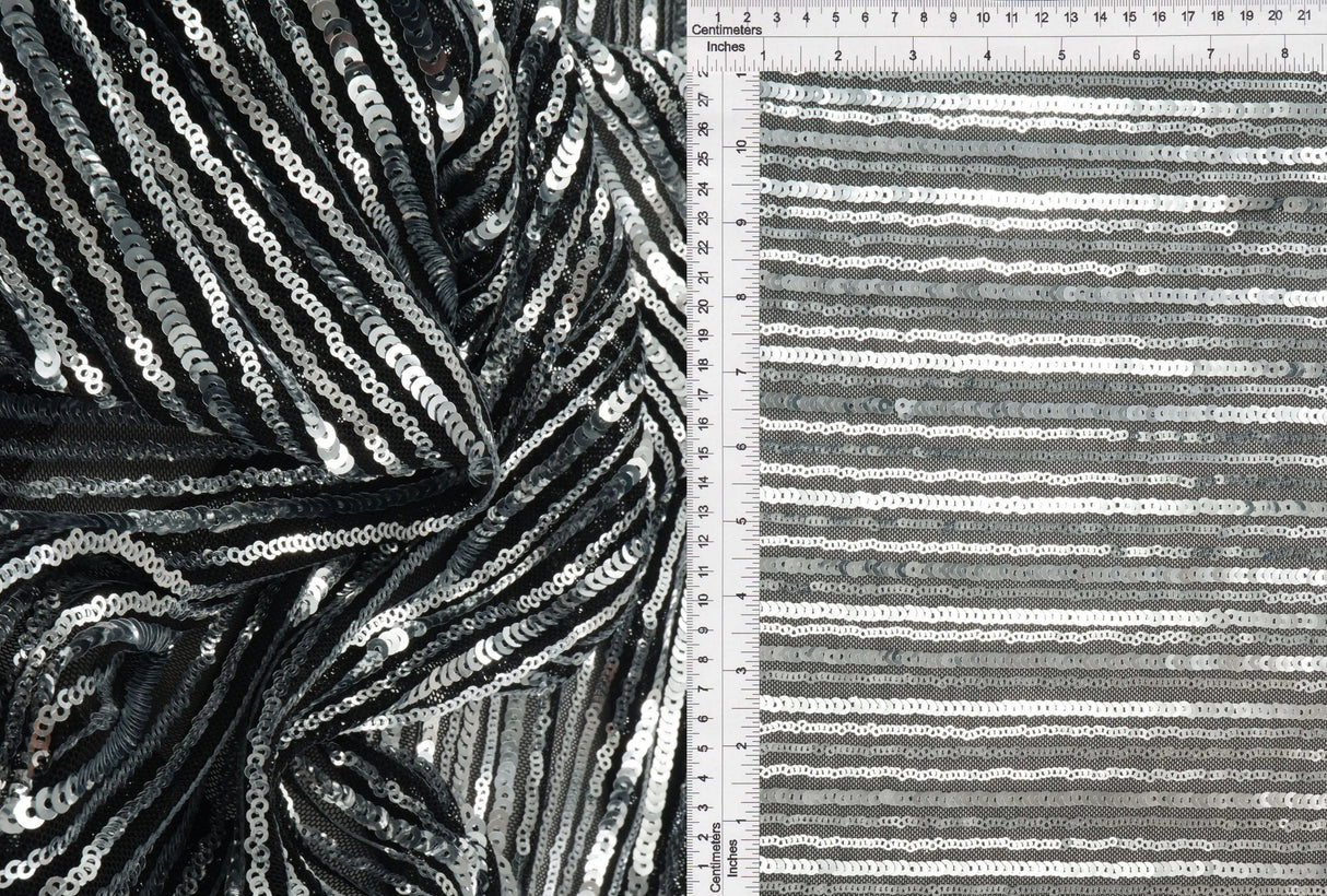 1 Yard Black & Silver Embroidered Knit Fabric Stretch Polyester Blend 50/57 Inches Wide