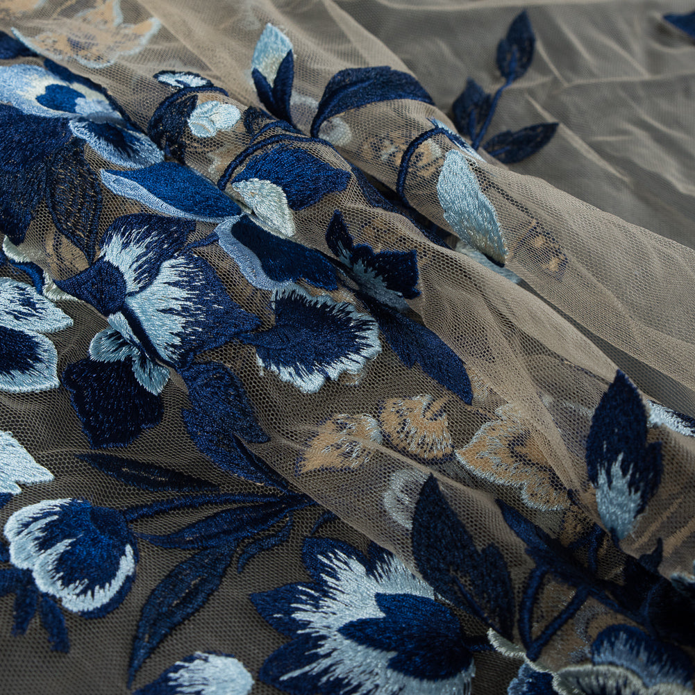 Royal Blue and Sea Foam Novelty Floral Embroidered Mesh