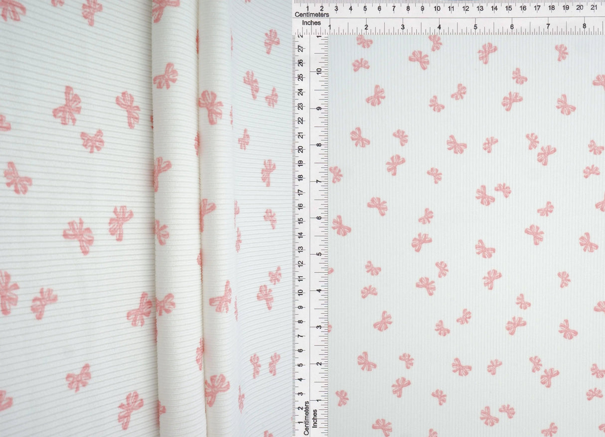 1 Yard Bow Print 2x2 Rib Knit Fabric Cotton Feel Stretch Polyester Spandex 58/60 Inch Wide for Apparel