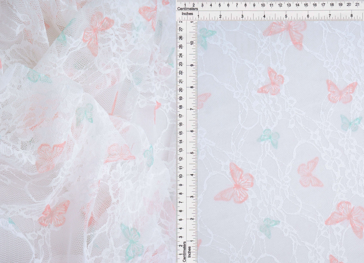 Butterfly Print Lace Fabric Ivory Peach