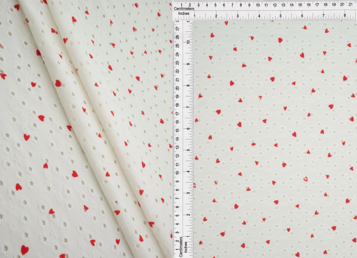1 Yard Jacquard Eyelet Heart Knit Fabric 190 GSM, 58/60? Wide Polyester Spandex Blend Ivory/Red
