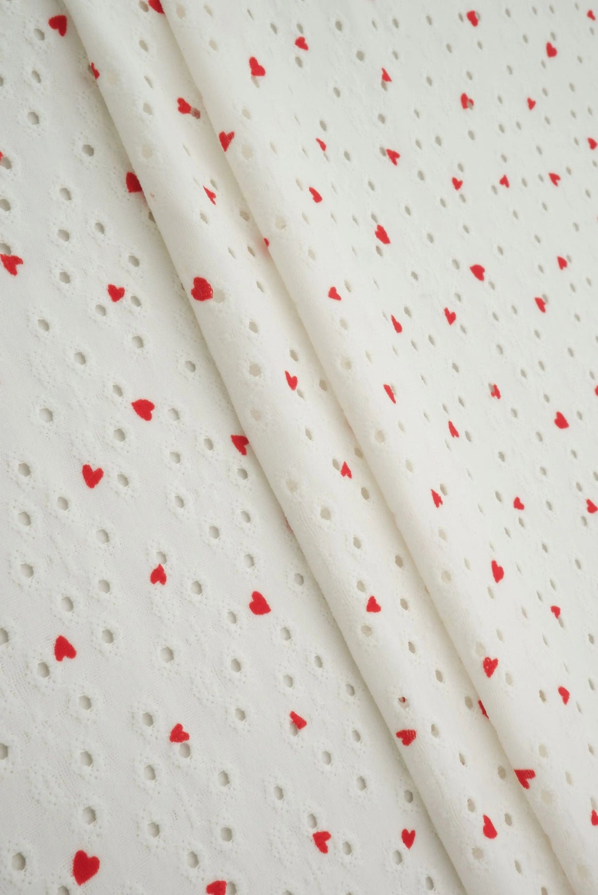 1 Yard Jacquard Eyelet Heart Knit Fabric 190 GSM, 58/60? Wide Polyester Spandex Blend Ivory/Red