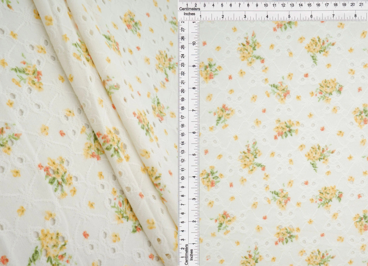 1 Yard Yellow DTY Knit Jacquard Eyelet Ditsy Print Fabric Stretch Polyester Spandex 58/60 Inches Wide