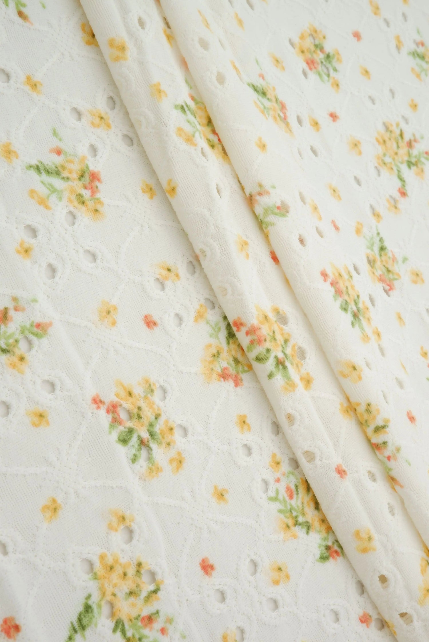 1 Yard Yellow DTY Knit Jacquard Eyelet Ditsy Print Fabric Stretch Polyester Spandex 58/60 Inches Wide