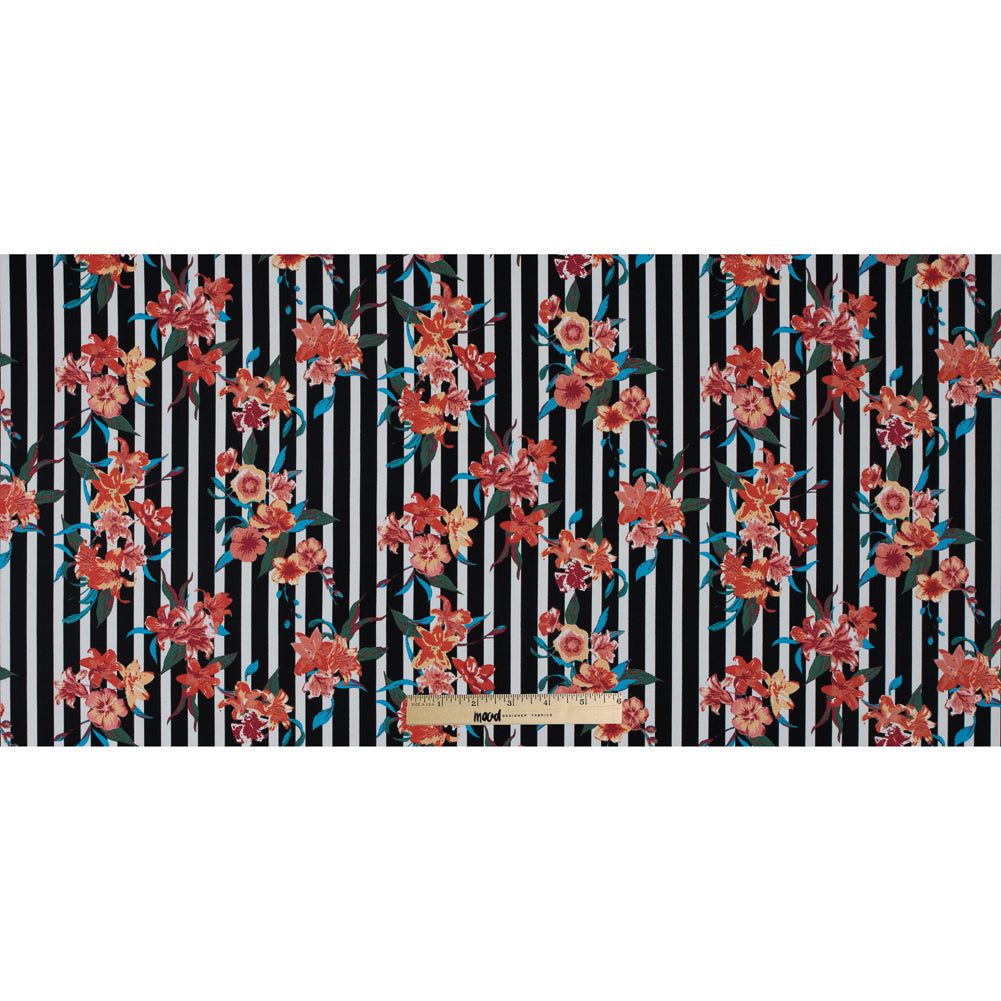 Black/Multicolored Striped Floral Cotton Poplin