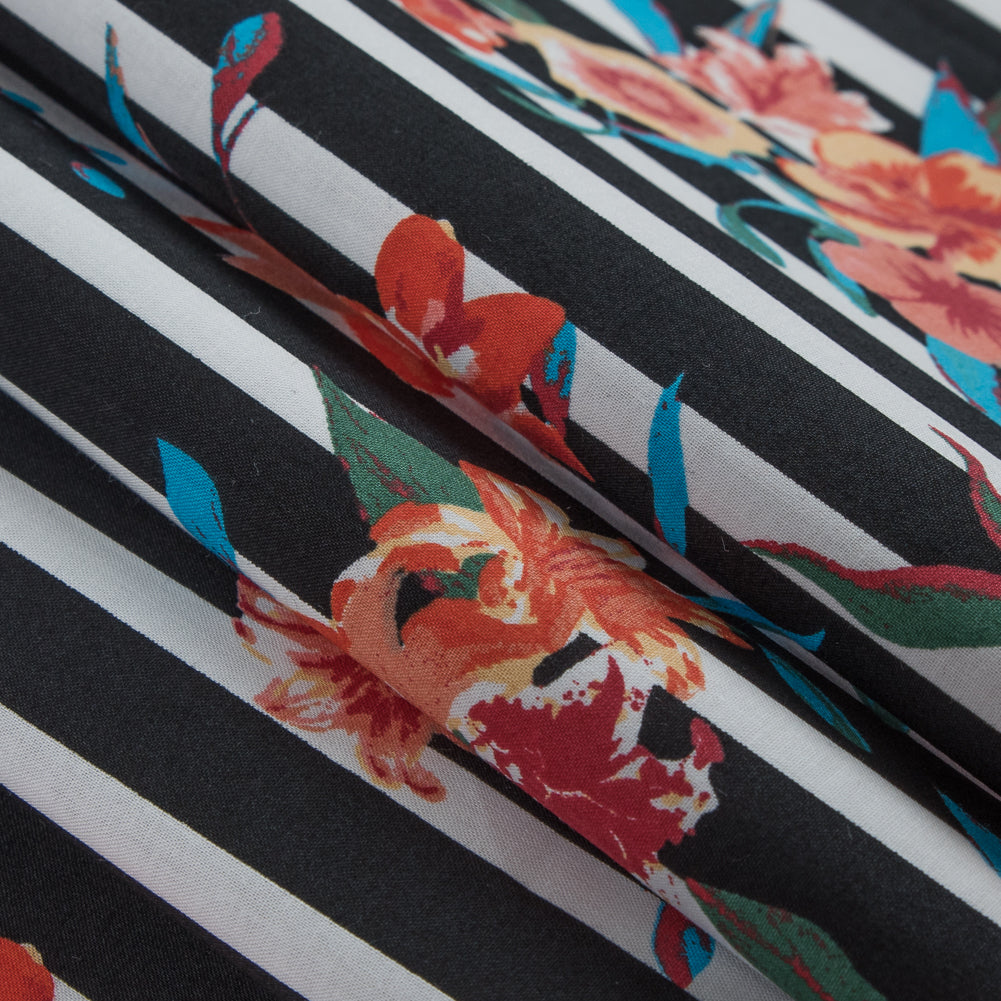 Black/Multicolored Striped Floral Cotton Poplin