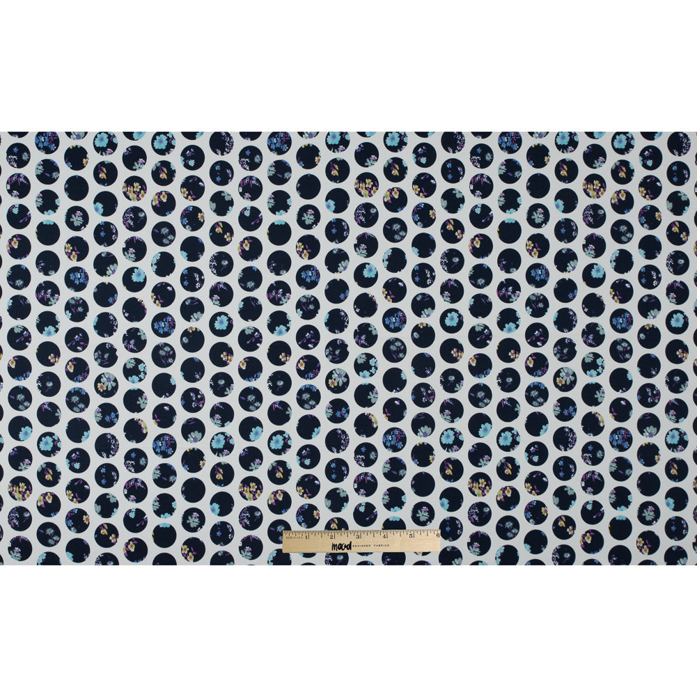 Navy Polka Dotted Floral Printed Stretch Cotton Sateen