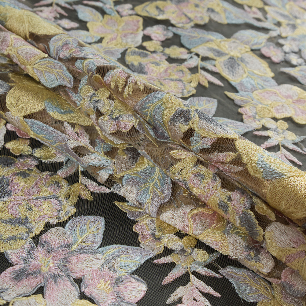 Embroidered Mesh Lace - Pastel Floral on Nude