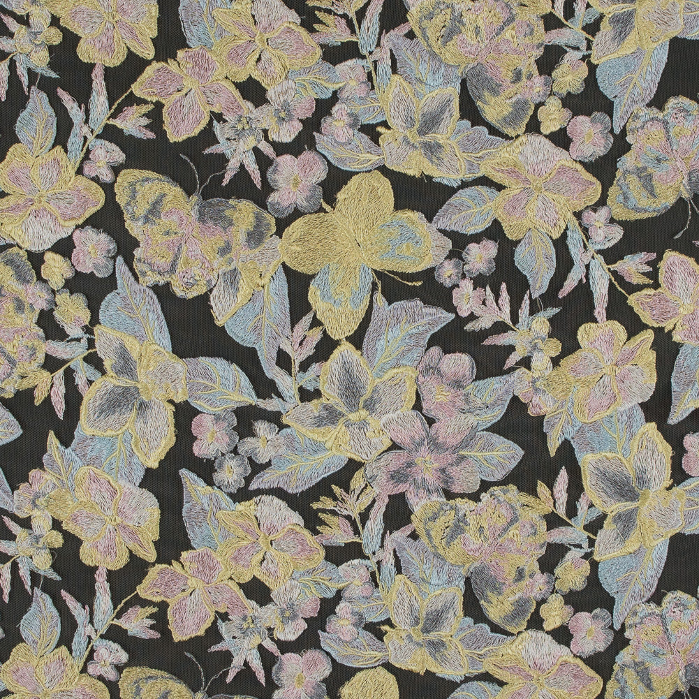 Embroidered Mesh Lace - Pastel Floral on Nude