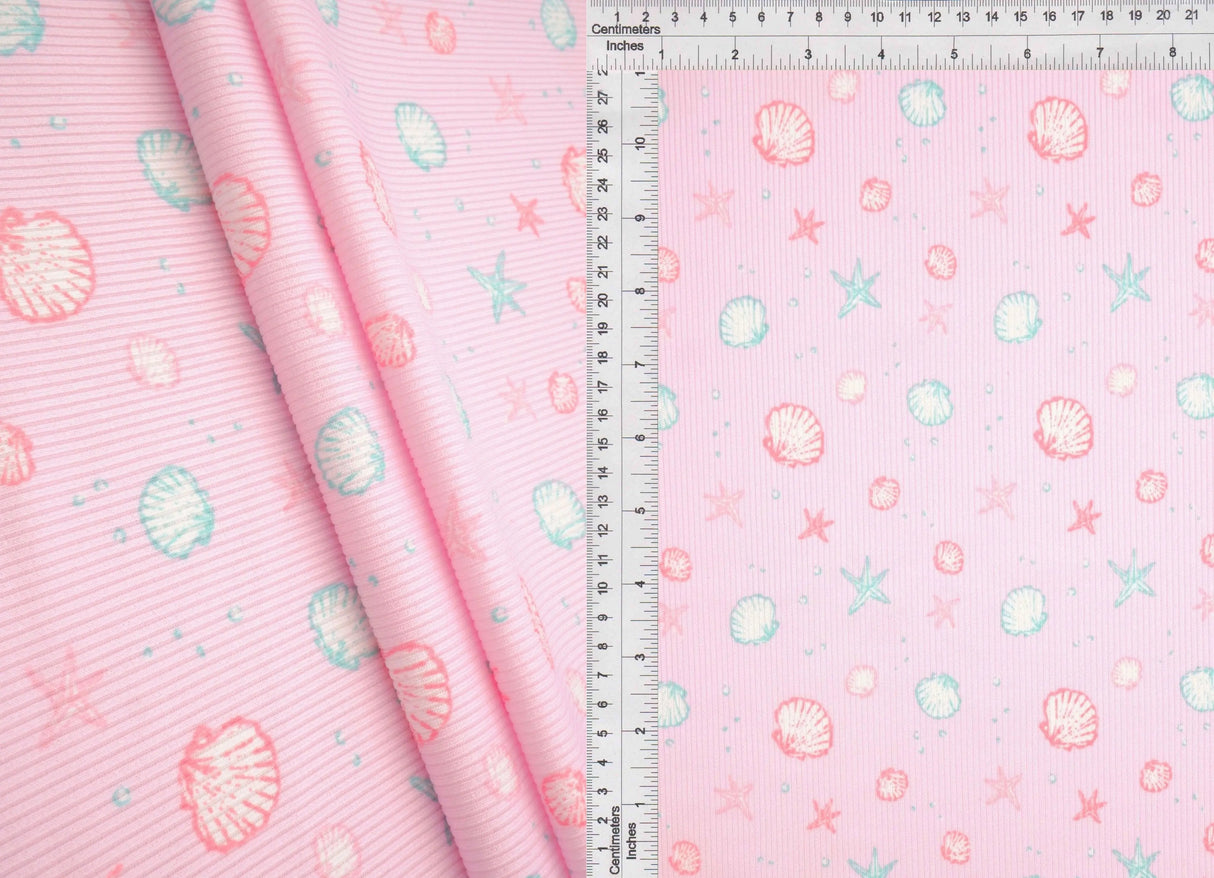 1 Yard Cotton Feel 2x2 Rib Knit Fabric Under the Sea Print, 230 GSM, 58/59'' Wide Polyester Spandex Blend