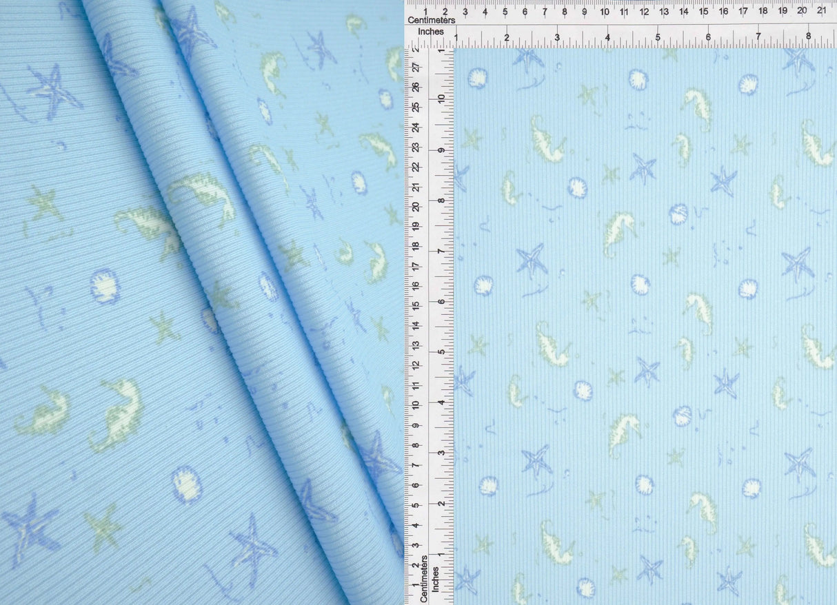 1 Yard Cotton Feel 2x2 Rib Knit Fabric Under the Sea Print, 230 GSM, 58/59? Wide Polyester Spandex Blend