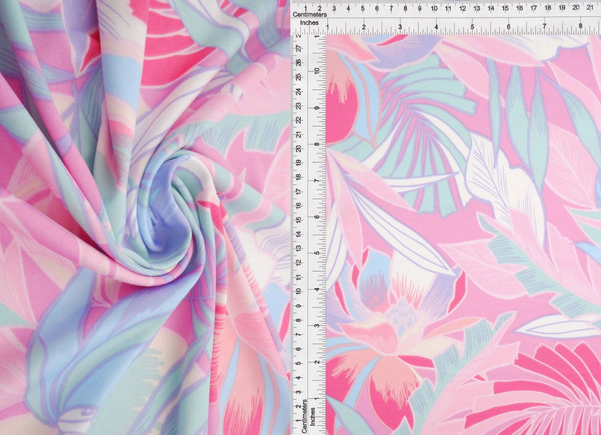 1 Yard DTY Knit Fabric Tropical Leaf Print, 180 GSM, 58/60'' Wide Polyester Spandex Stretch Pink