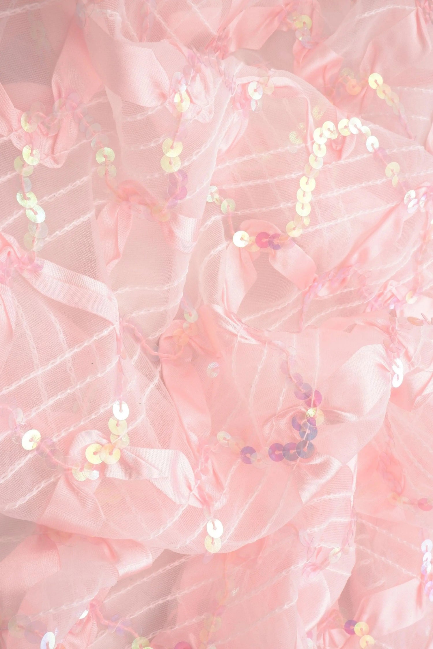 1 Yard Pink Mesh Sequins Embroidery Fabric, 58/60'' Wide Polyester Spandex Blend