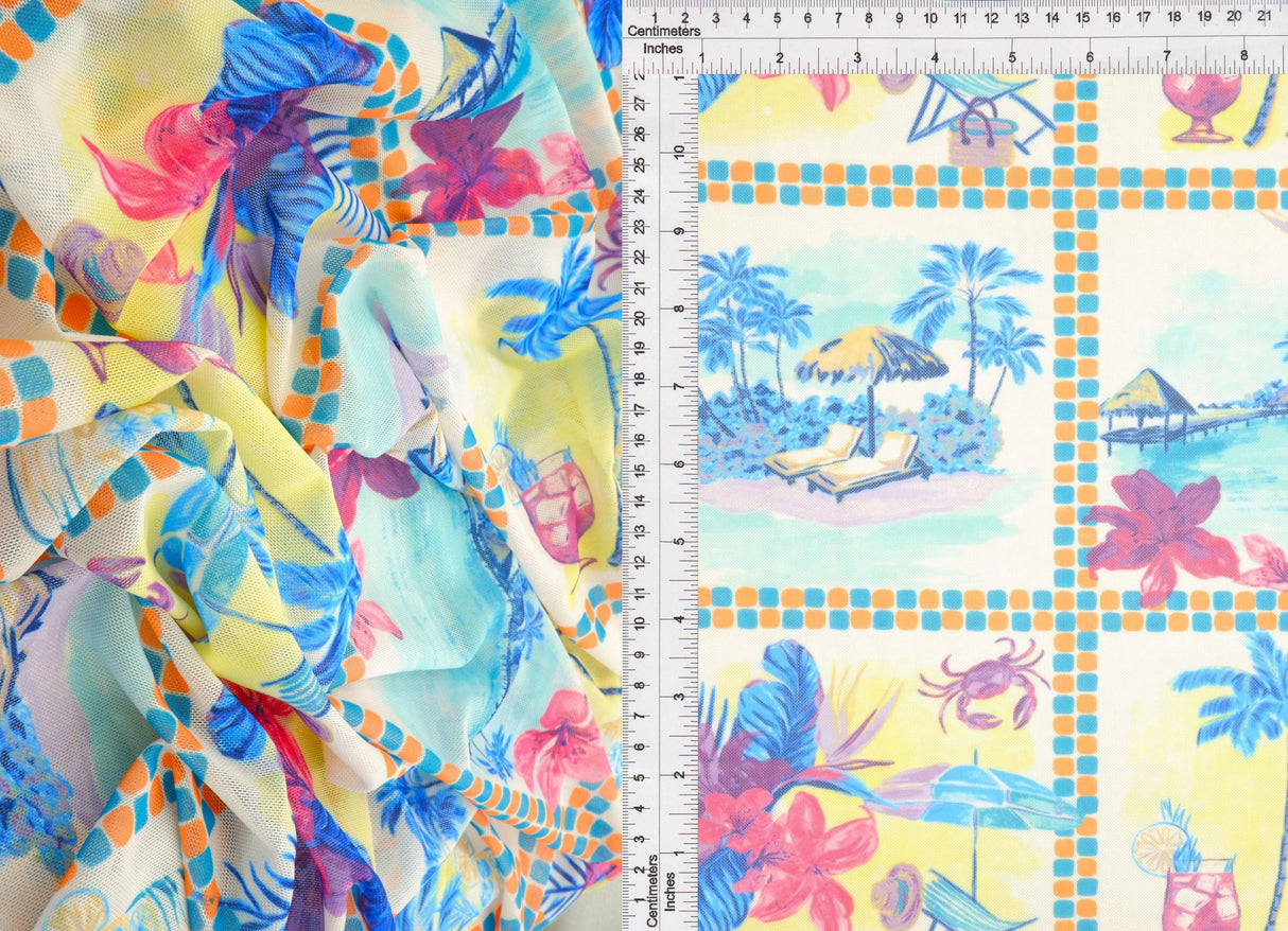 Printed Mesh Scenery Fabric Blue Multi
