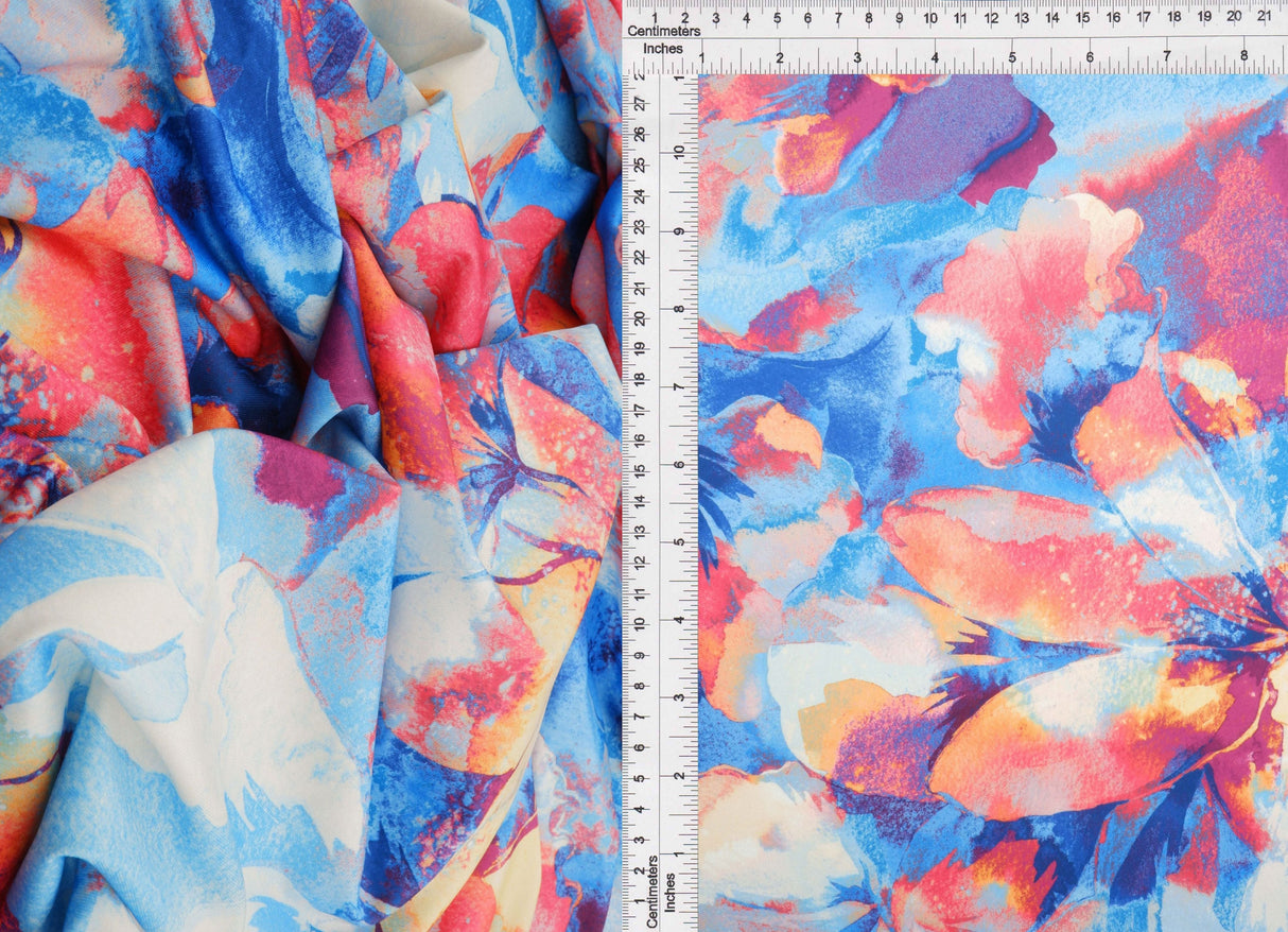 Floral Printed DTY Knit Fabric Blue
