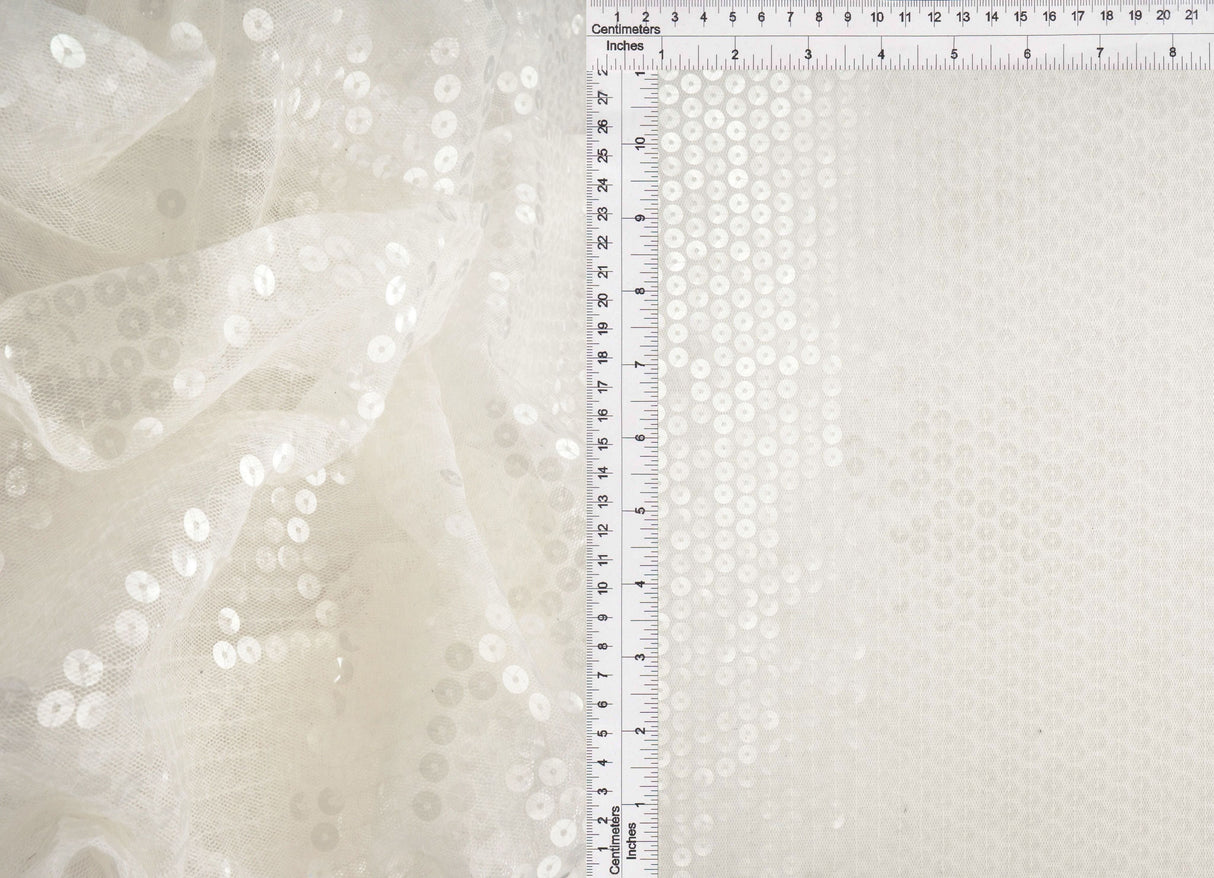 Embroidered Sequin Mesh Stretch Fabric White
