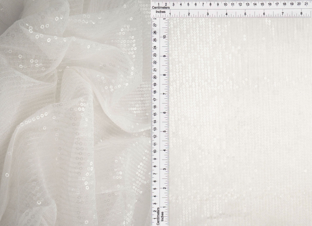 Embroidered Sequin Mesh Stretch Fabric Ivory