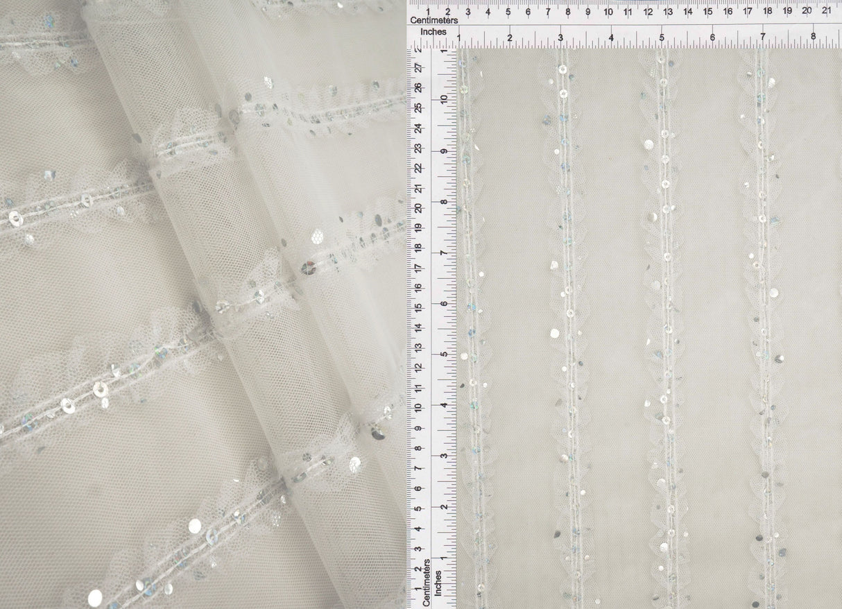 Embroidered Sequin Mesh Stretch Fabric Silver