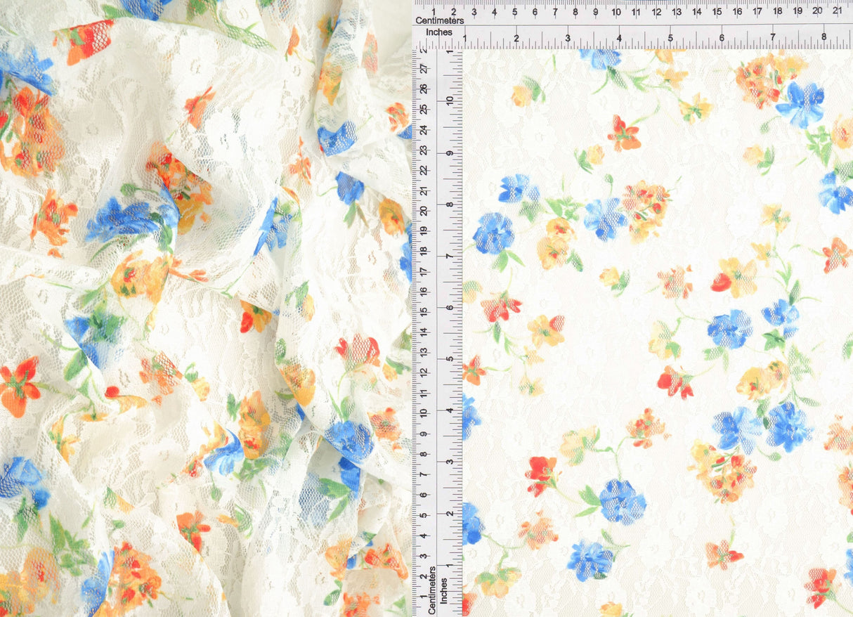 Floral Printed Lace Ivory Blue