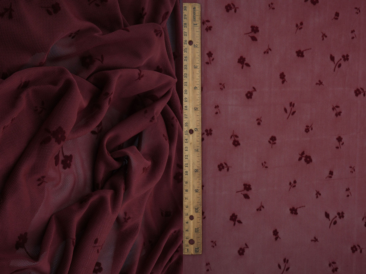 Floral Flocking Mesh Burgundy
