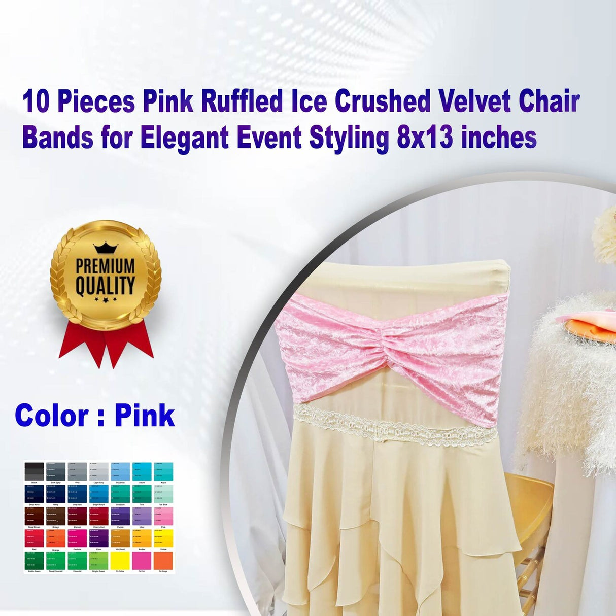10 Pieces Pink Ruffled Ice Crushed Velvet Chair Bands for Elegant Event Styling 8x13 inches