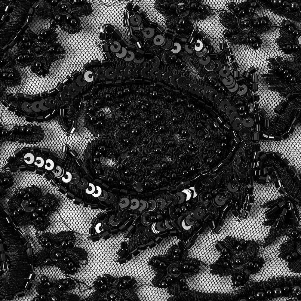 Black Beaded and Embroidered Tulle with Feathers