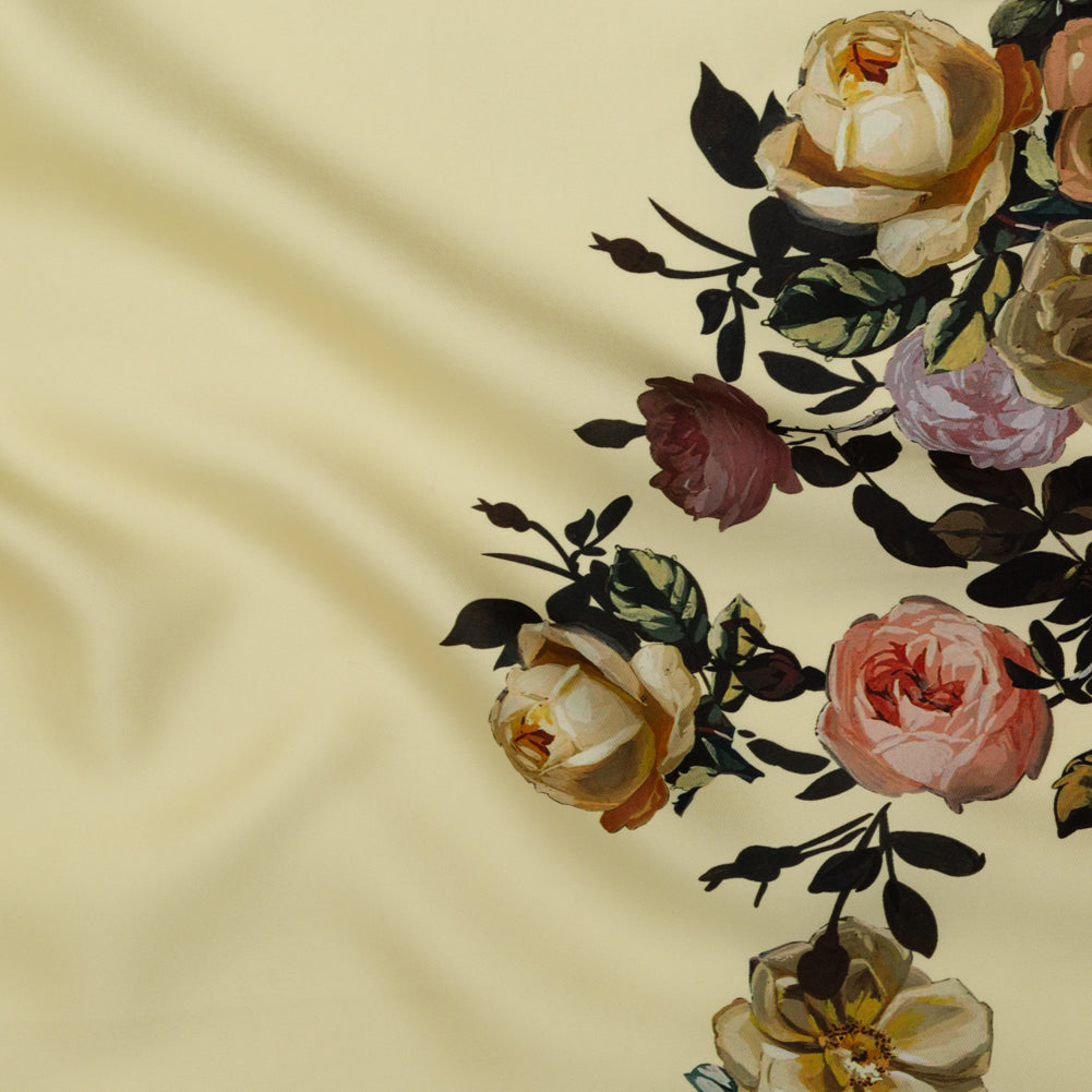 Tender Yellow and Black Forest Digitally Printed Flowers on a Premium Mikado/Twill