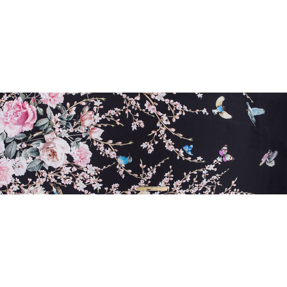 Roses, Hummingbirds and Butterflies Digitally Printed on a Black Premium Mikado/Twill