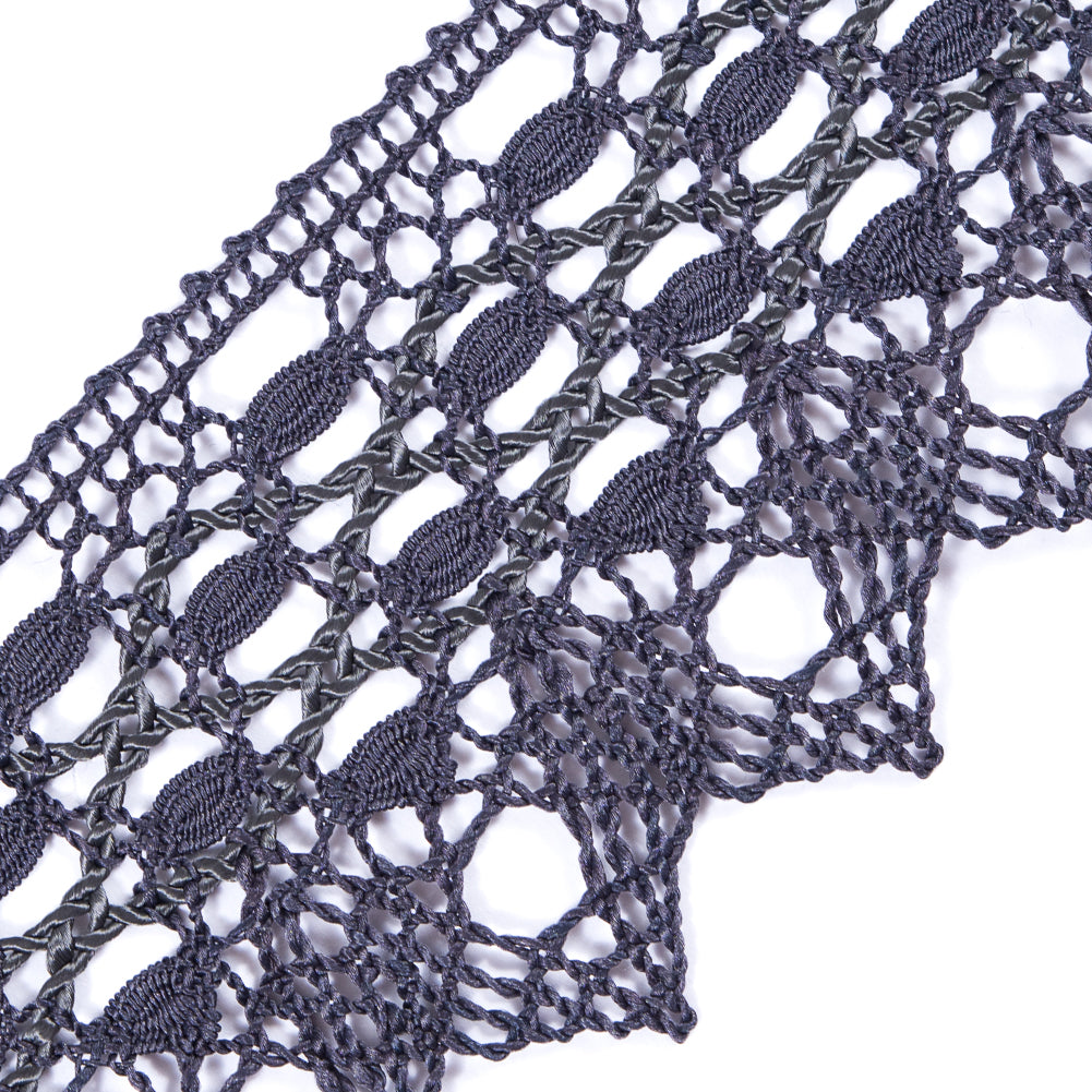 European Gray Scalloped Crochet Lace Trim with Satin Ribbon Detail - 2"