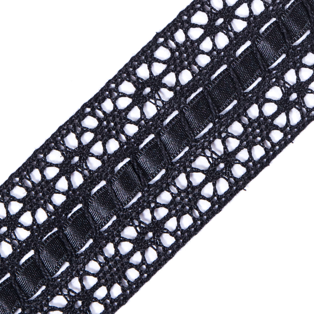 European Black Crochet Trim with Satin Ribbon Detail - 1.5"
