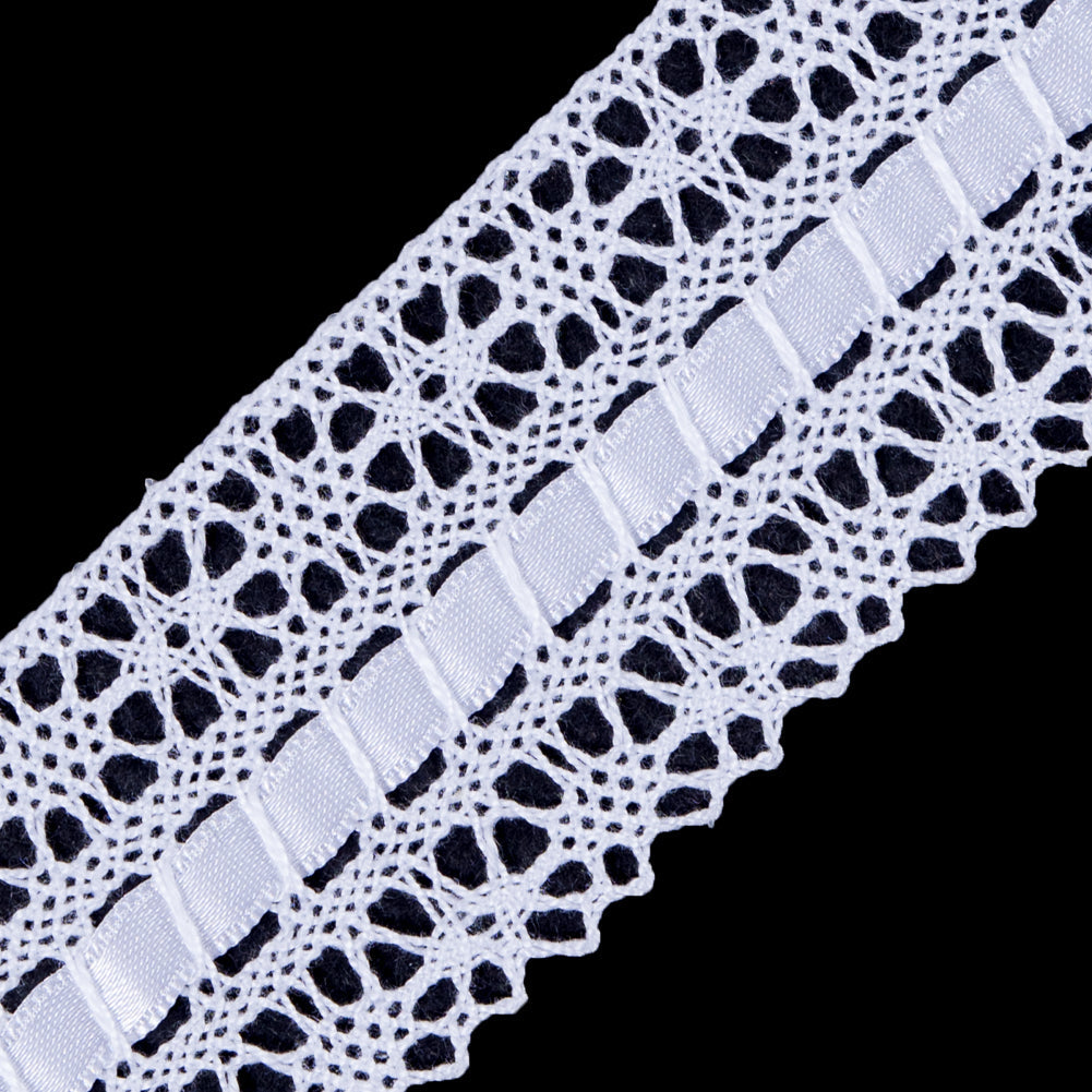 European White Scalloped Crochet Trim with Ribbon Detail - 1.5"