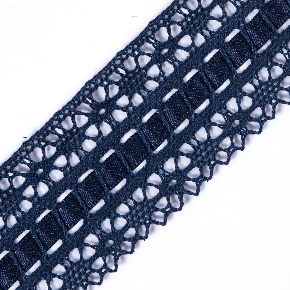 European Navy Scalloped Crochet Trim with Ribbon Detail - 1.5"