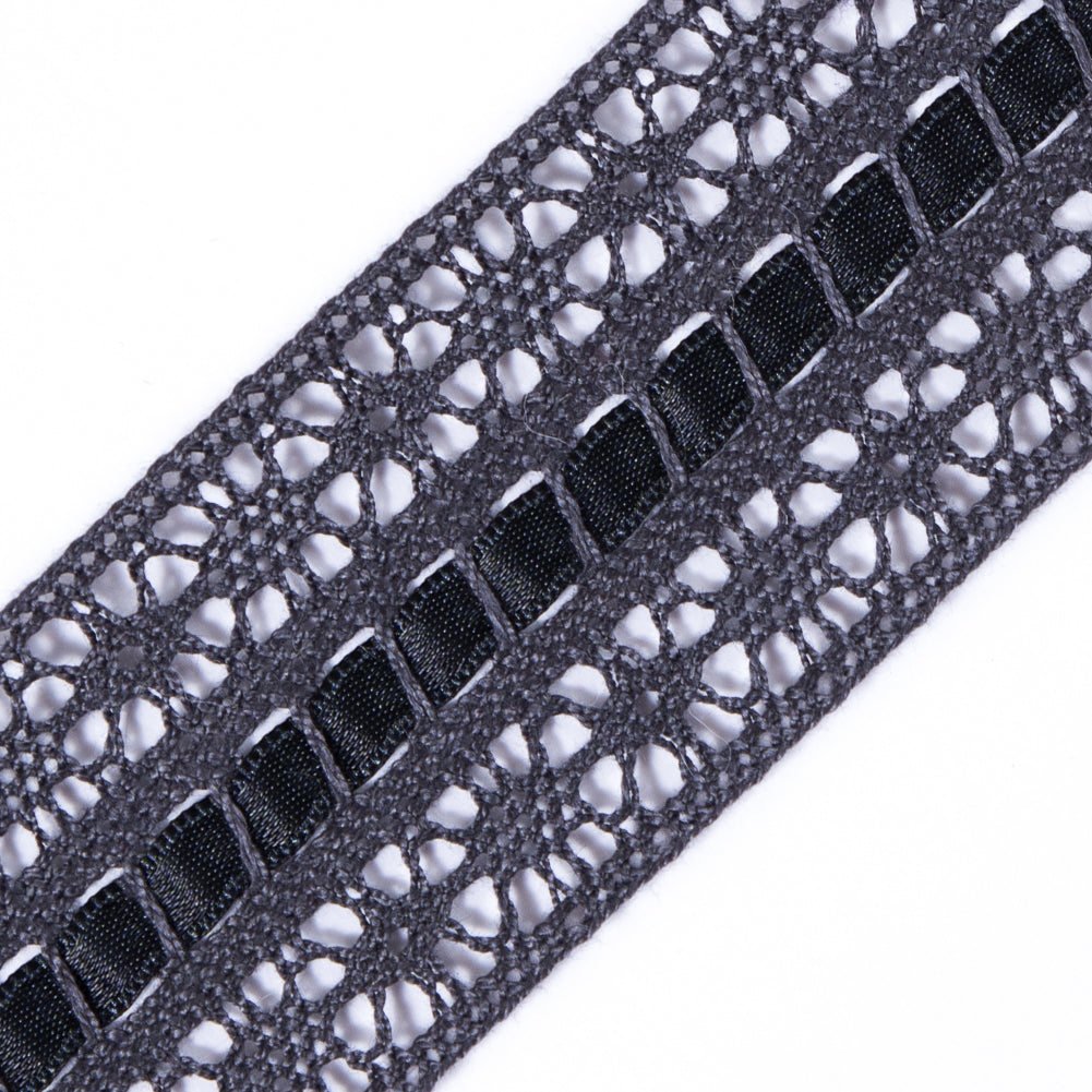 European Gray Crochet Trim with Satin Ribbon Detail - 1.5"