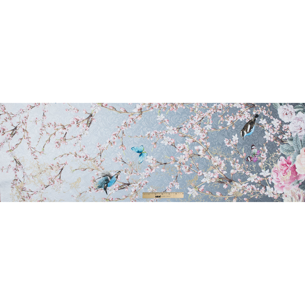 Birds and Branches Digitally Printed on a Gray Butterfly Jacquard with Metallic Gold Embroidery