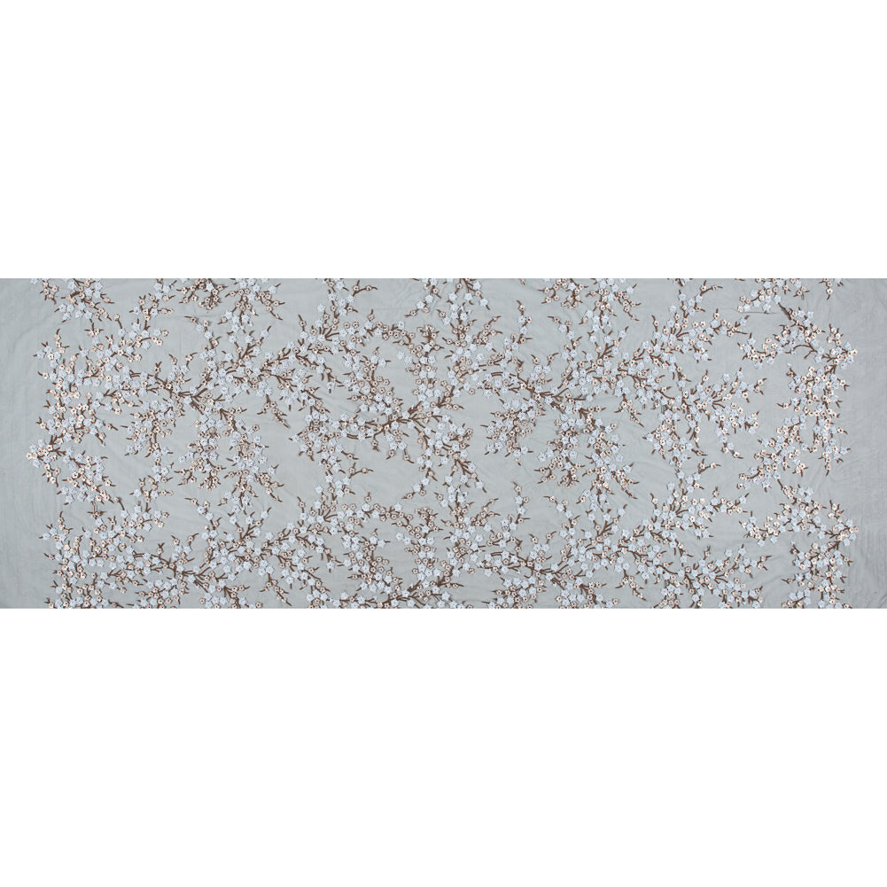 Stretch Net with Sequins - White and Copper Fancy Floral Clusters on Black