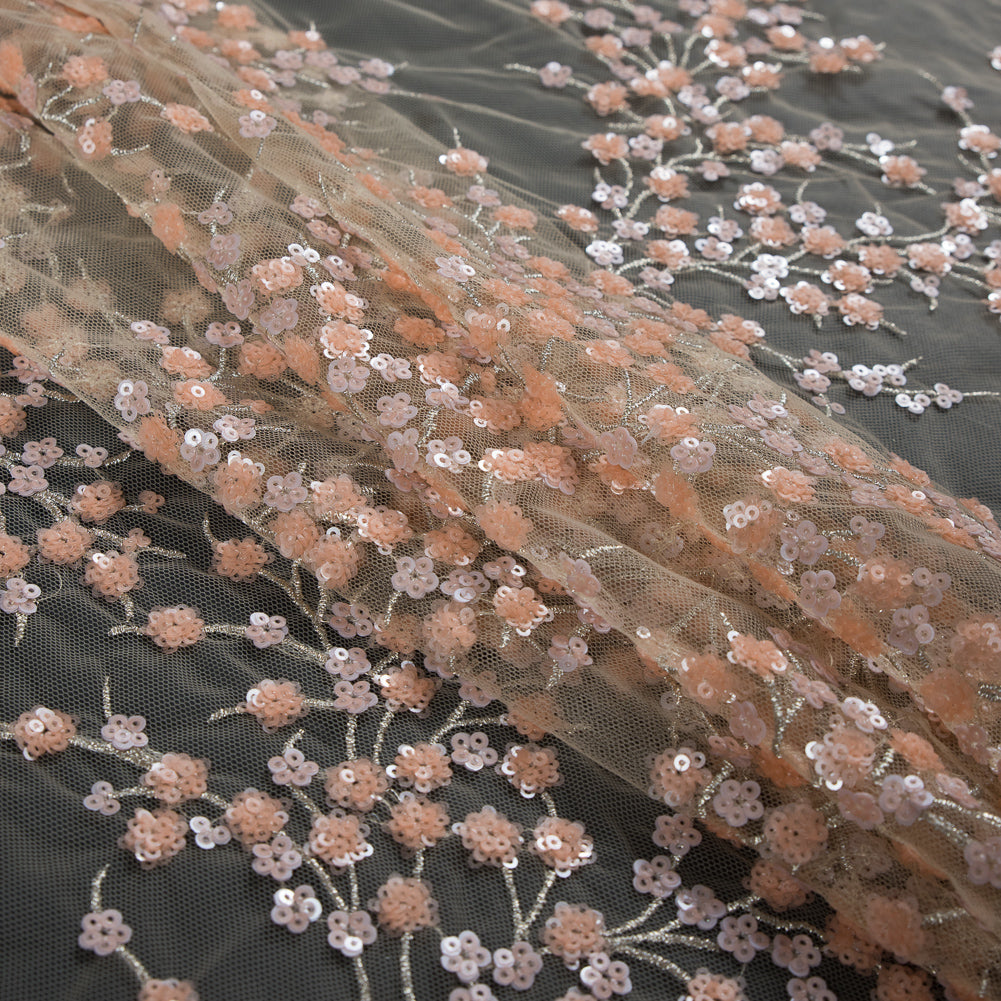 Stretch Net with Sequins - Salmon and Silver Fancy Floral Clusters on Nude
