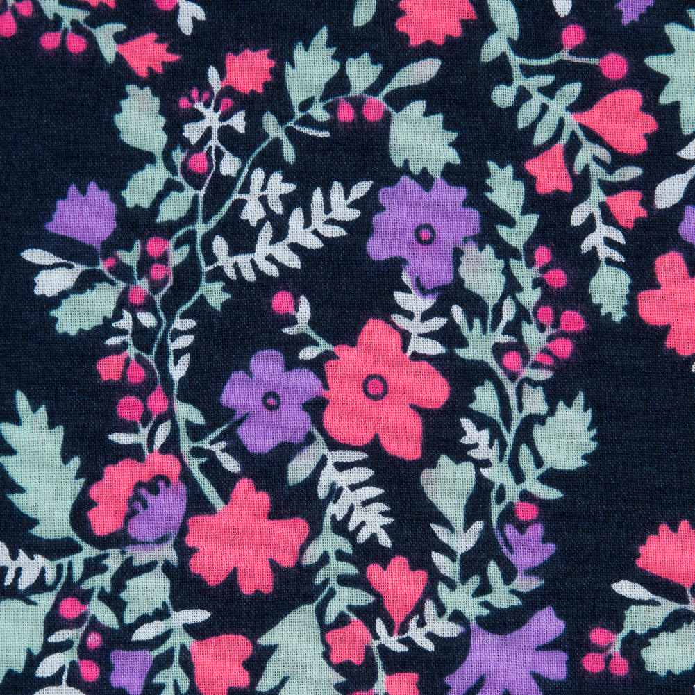 Cotton Voile Print - Hot Pink, Pale Aqua and Black Iris Floral
