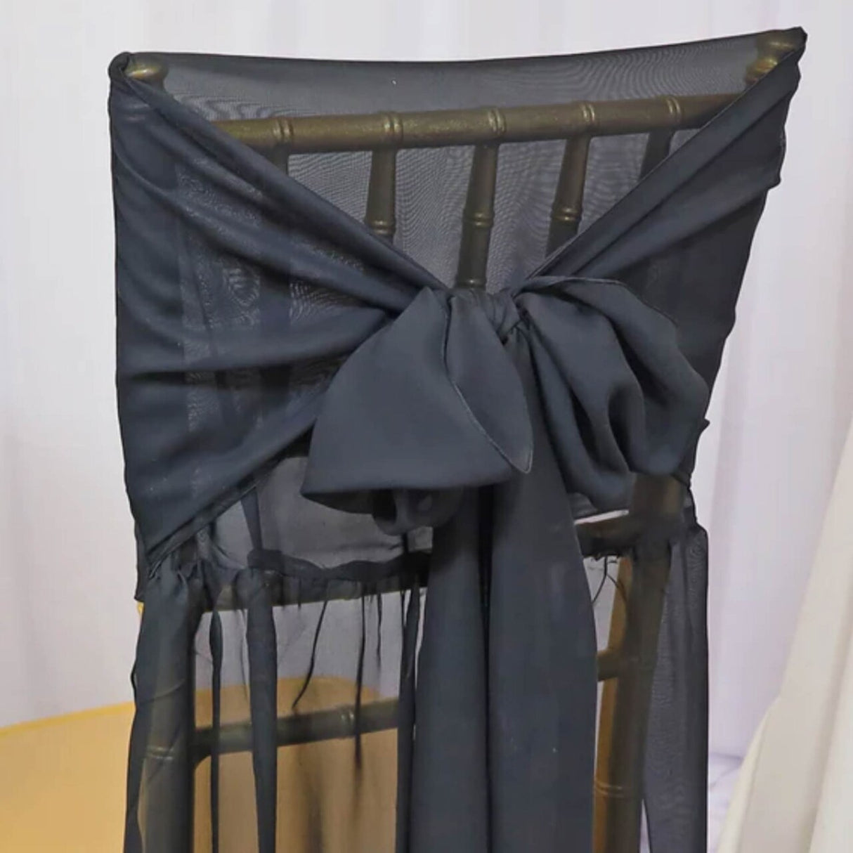 1 Piece Elegant Black Chiffon Chiavari Chair Cover with Attached Sash Perfect for Weddings and Special Events