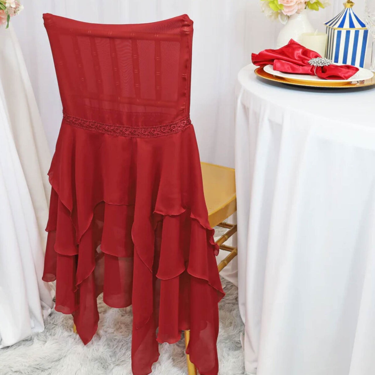 1 Piece Vibrant Apple Red Chiffon Chiavari Chair Cover with Sash Elegant Sheer Accent