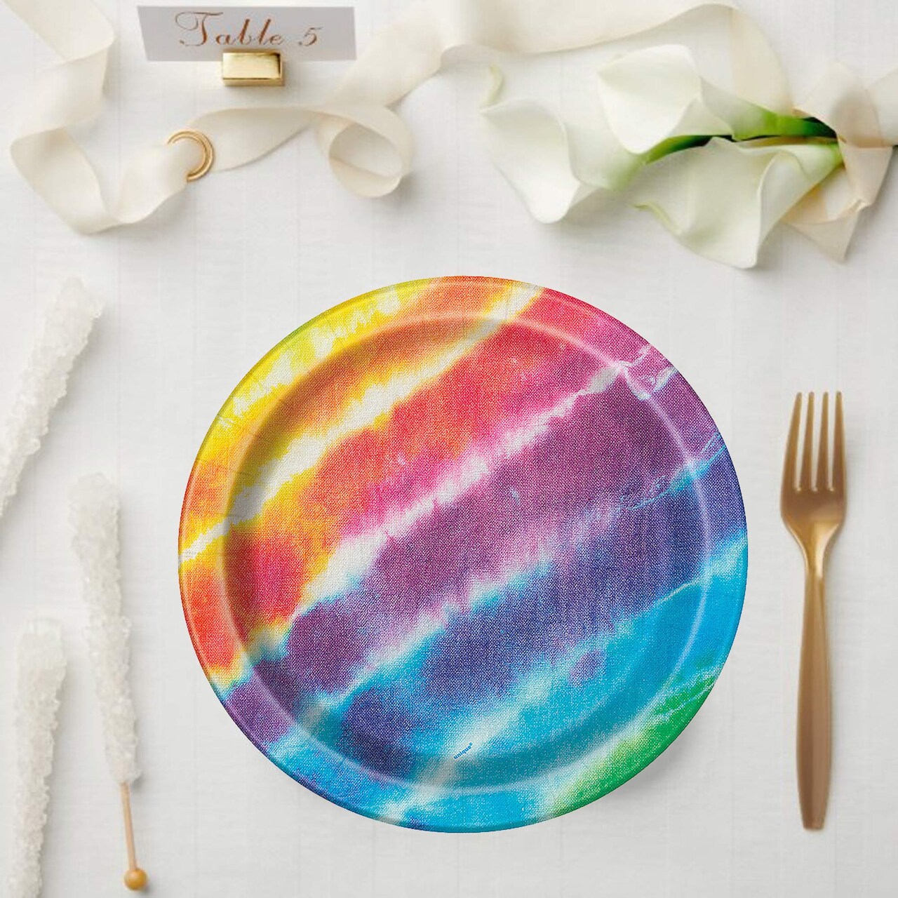 8 Count 6¾" Tie-Dye Disposable Paper Dessert Plates Retro 60s & 70s Party Tableware