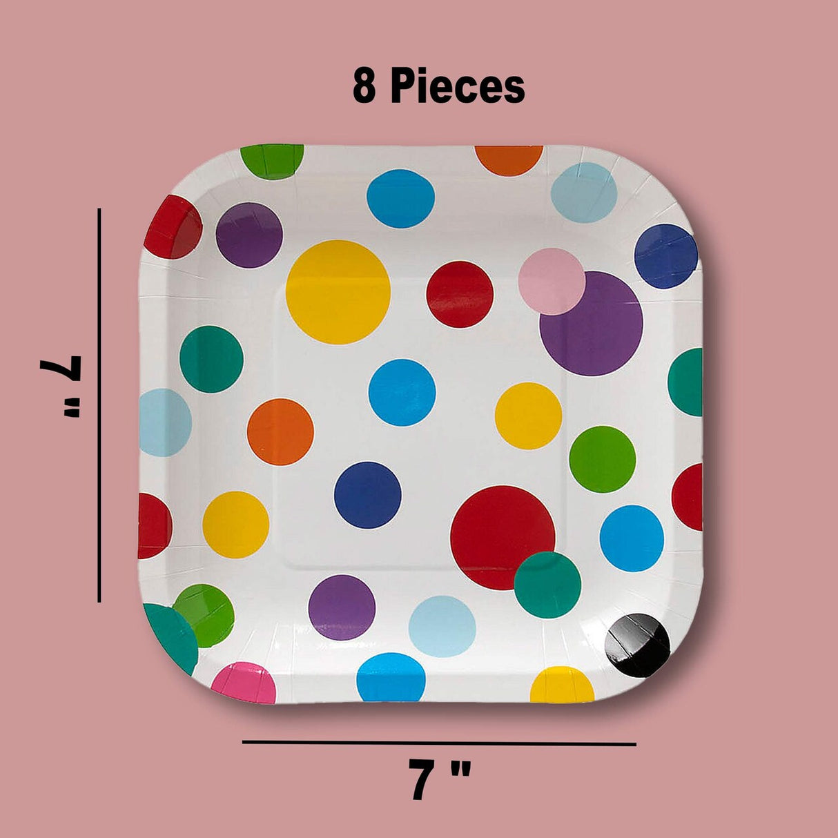 8 Ct. Colorful Polka Dot Square Dessert Plates 7" Disposable Plates, Fun Party Tableware