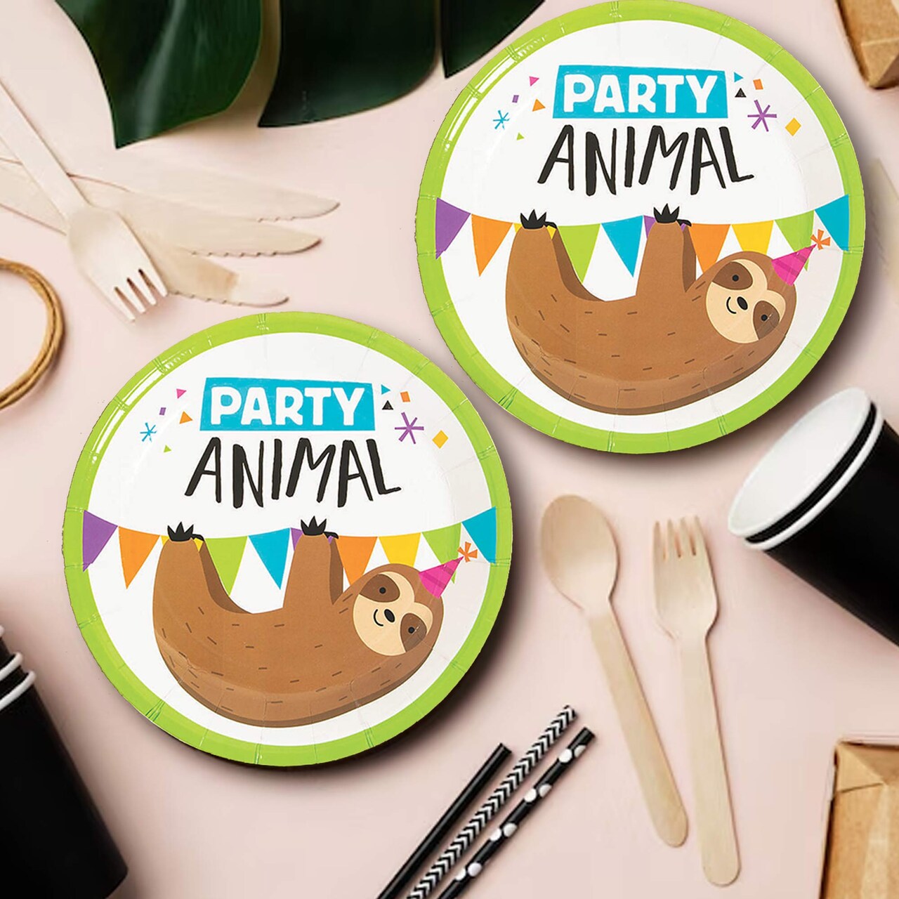 8 Ct. Party Animal Sloth Paper Dessert Plates 7" Disposable Plates, Cute Sloth Birthday Party Tableware